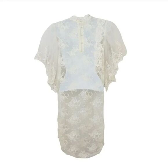 Vintage Victorian Flutter Puff Sleeve Sheer Ivory Lace Formal Wedding Dress M/L - Picture 7 of 13